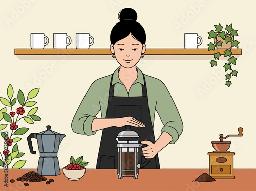 Barista Brewing French Press Coffee Illustration