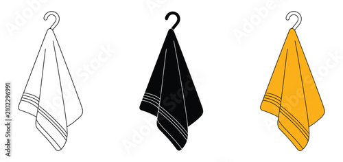 Foto Hanging towel vector icons featuring outline, solid black silhouette, and yellow flat variations for bathroom, restroom, hotel, spa, and sanitation graphics
