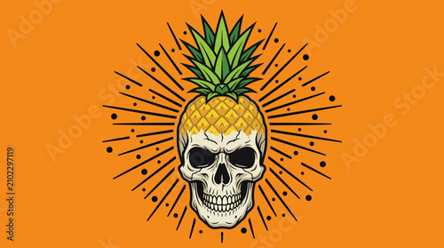 Bild auf Leinwand Pineapple Skull Hybrid Illustration with Sunburst Graphic on Orange Background