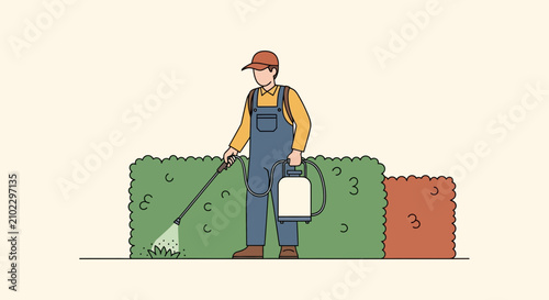 Professional gardener spraying pesticides on green bushes in the garden