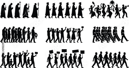 Cuadro en lienzo People Procession Silhouette Vector Set Featuring Ceremonial Marches Public Para