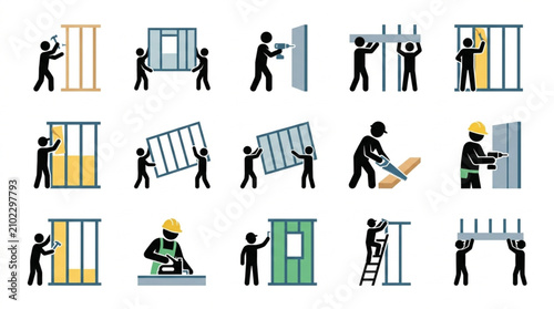 Construction workers installing windows and doors in buildings.