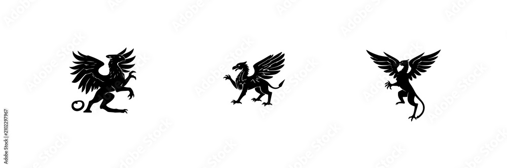 Fototapeta premium Griffin set with solid black silhouette on white background featuring mythological creature, heraldic style, 2D vector with emblem and crest