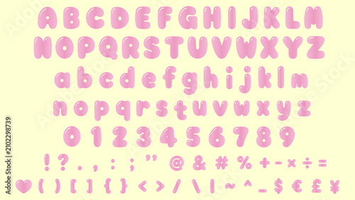 Pink bubble alphabet set. Glossy jelly letters with numbers and symbols, hand drawn vector lettering. Cute kawaii balloon font style for valentine, birthday, girly design, sale banner.