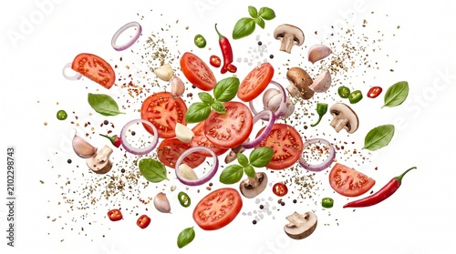Fresh Cooking Ingredients Flying in Mid Air Isolated on White Background