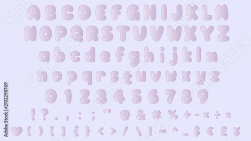 Purple bubble alphabet set. Glossy jelly letters with numbers and symbols, hand drawn vector lettering. Cute grape soda font style for halloween, party, kids design, sale banner.