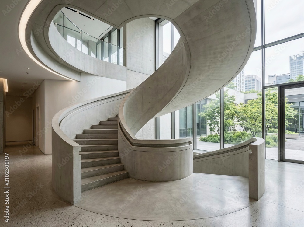 Fototapeta premium Elegant Curved Concrete Staircase with Natural Light in Modern Architecture