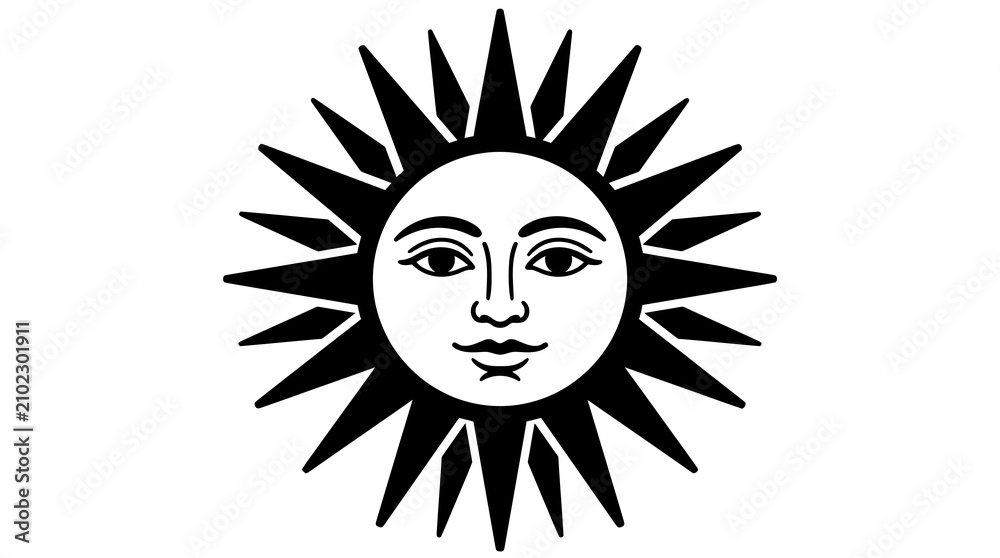 Obraz premium Sun face symbol with radiant light beams in vintage aesthetic vector illustration design.