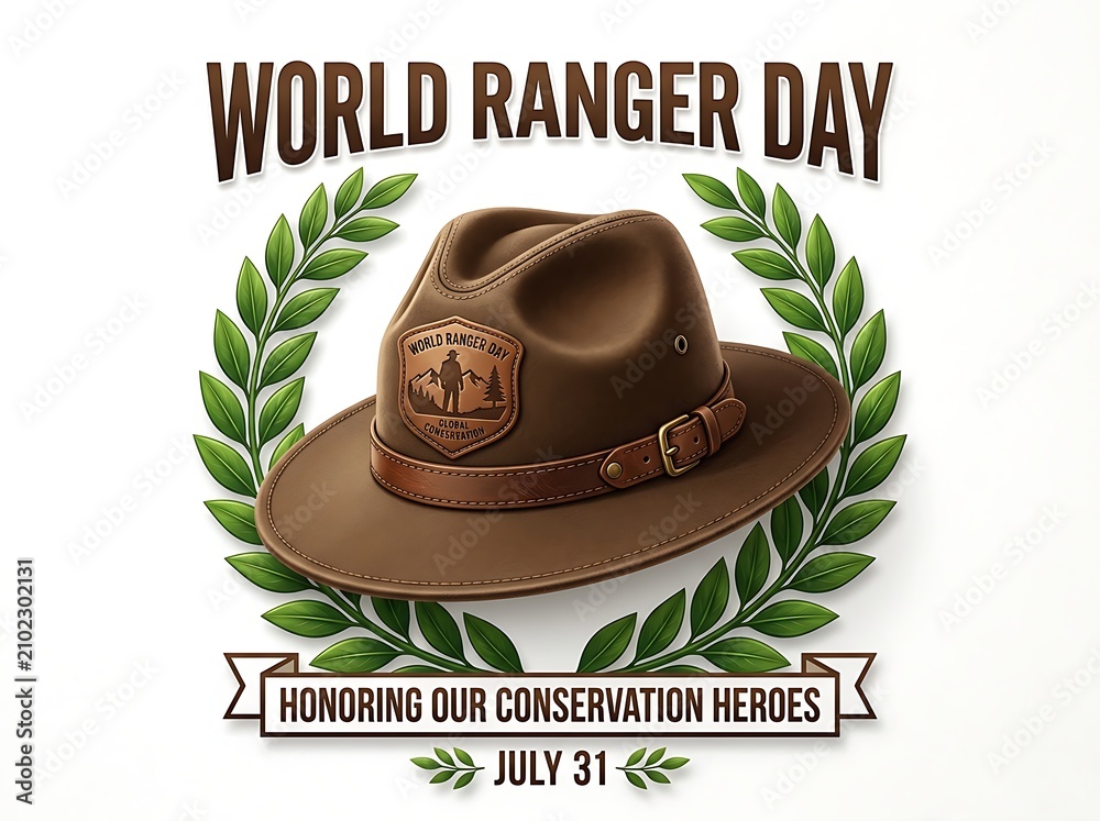Obraz premium Celebrate world ranger day with a stylish hat and green laurel wreath illustration design