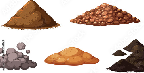 Brown Soil Dirt and Gravel Heap Vector Illustration Collection Featuring Piles of Earth Clay Sand and Dust Clouds for Construction and Gardening Graphic Designs