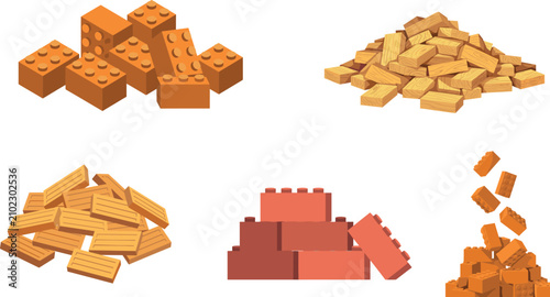 Building Blocks and Construction Bricks Vector Collection Featuring Piles of Toy Plastic Bricks and Wooden Planks for Game Asset and Educational Graphic Designs