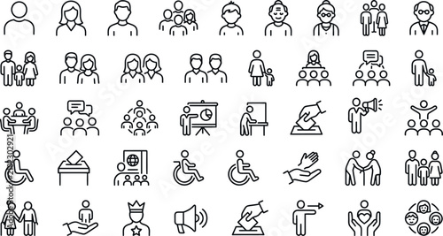 Diverse people icon set family community accessibility teamwork line art for ui ux design