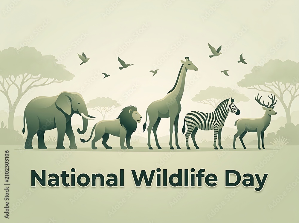 Obraz premium Colorful illustration of wild animals celebrating national wildlife day in natural habitat scene