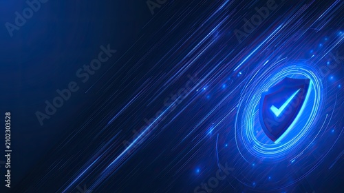 Digital shield with glowing checkmark, symbolizing security in a network