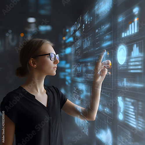 Business Leader Wearing Virtual Reality Headset Presenting Data Visualization