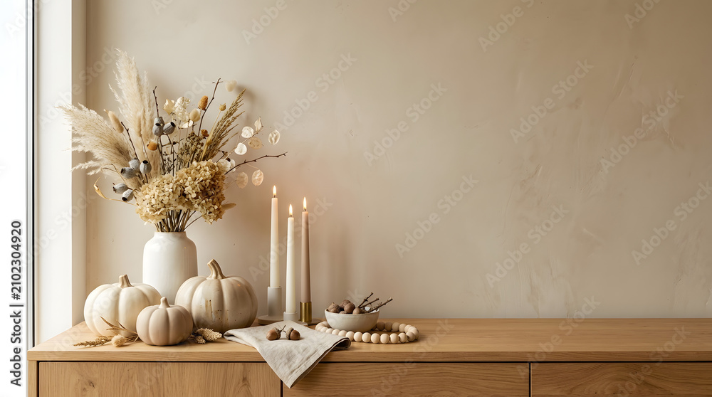 Obraz premium Autumnal Home Decor with Pumpkins Dried Flowers and Candles on Wooden Cabinet.