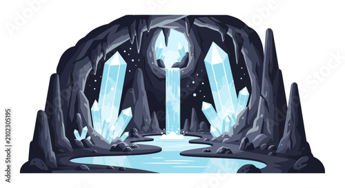 Fotografie Mystical subterranean cave with glowing blue crystals and waterfall