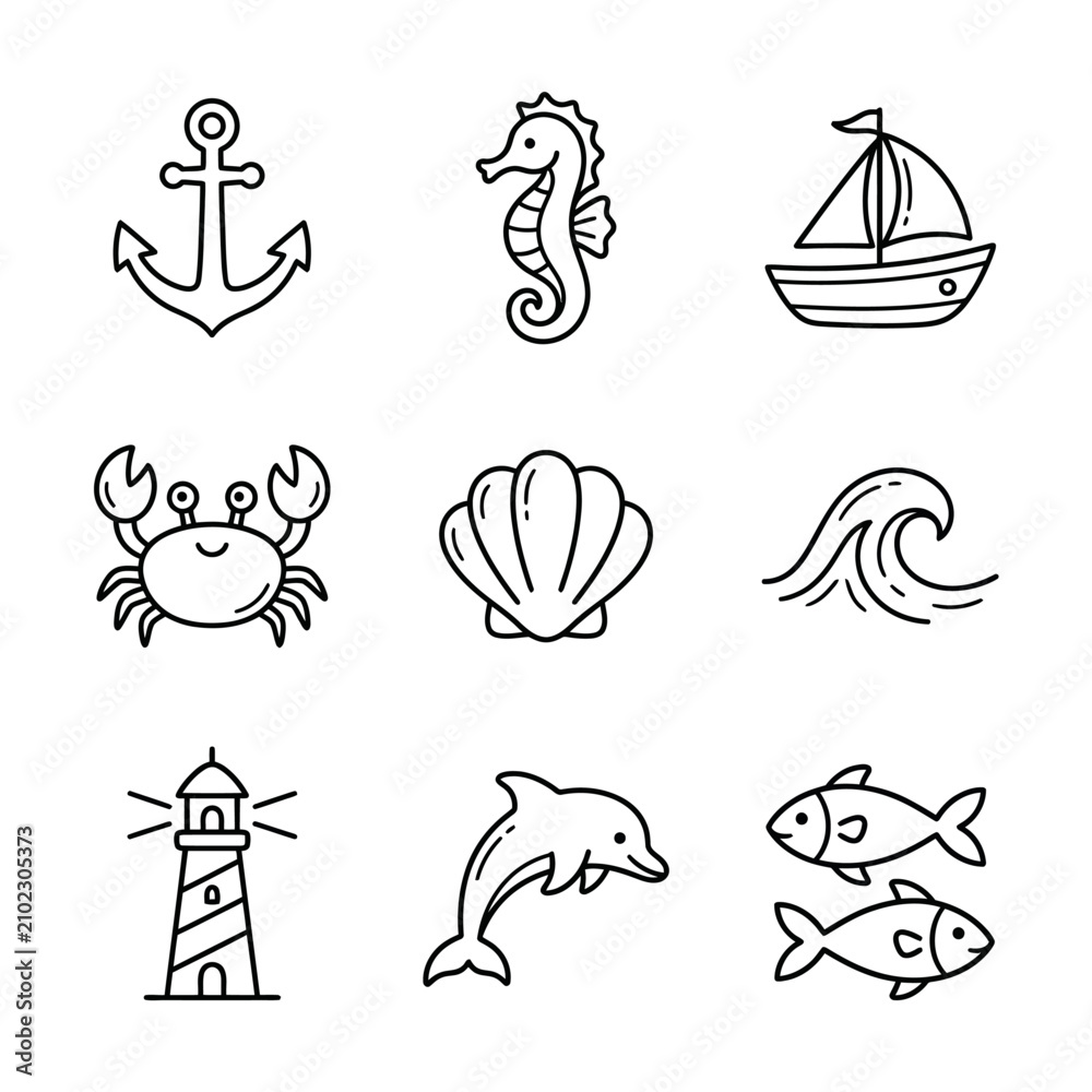 Obraz premium Sea creatures and nautical icons set.