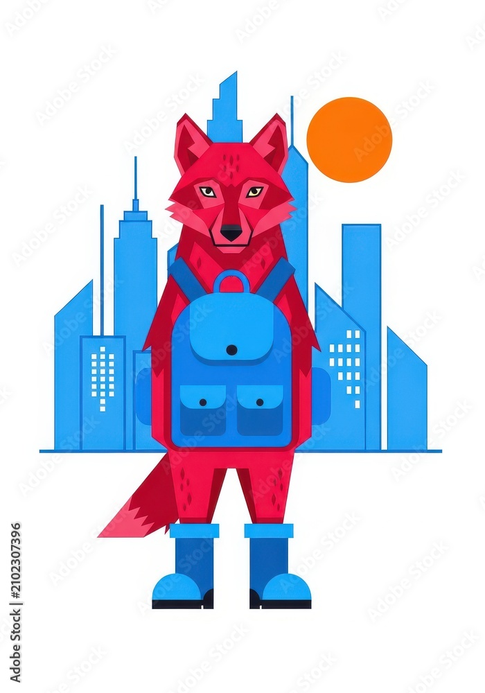Fototapeta premium Geometric Red Fox Character with Backpack and Boots in a Blue Cityscape Illustration for Urban Adventure Theme
