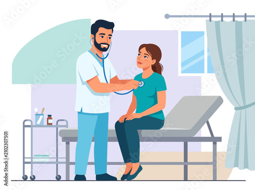 Doctor Examining Patient With Stethoscope In Clinic Room Professional Healthcare Check