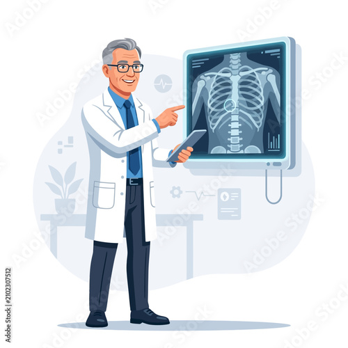 Doctor Examining Patient X-ray Scan Displayed On Screen
