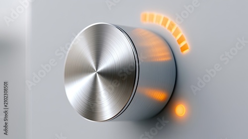 Close-up of a shiny, brushed metal dial with glowing orange indicator lights