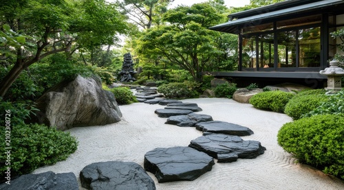 Tranquil stone path winds through a manicured Japanese garden