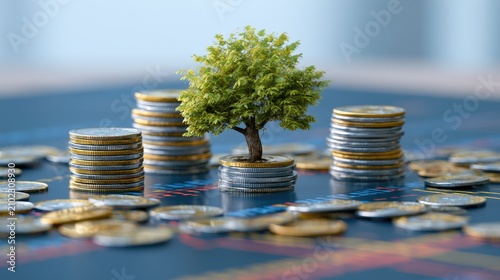 A small tree grows from a stack of coins on a colorful chart