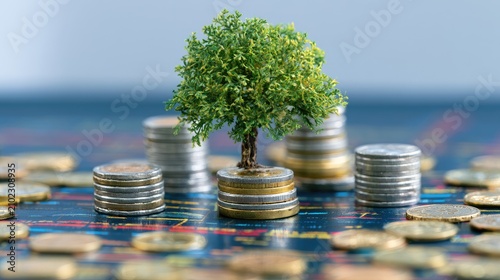 Small tree grows from stacks of coins on a blurred background