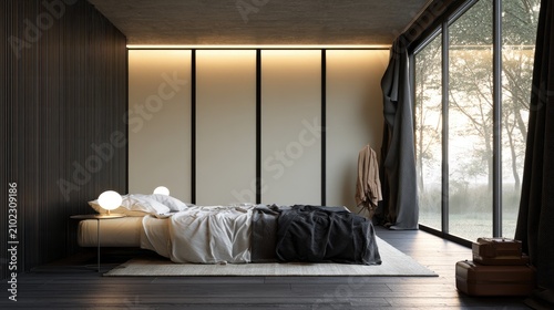 Modern minimalist bedroom with large window, soft lighting, and natural textures