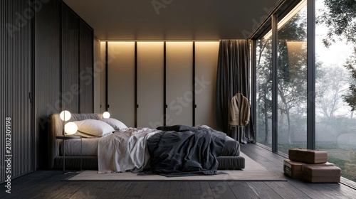 Modern minimalist bedroom with a large window showcasing a serene forest view