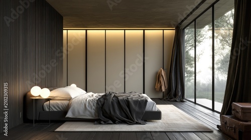 Modern bedroom with large windows, warm lighting, and minimalist decor
