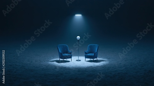 Two plush chairs face each other in a spotlight on a dark, misty floor