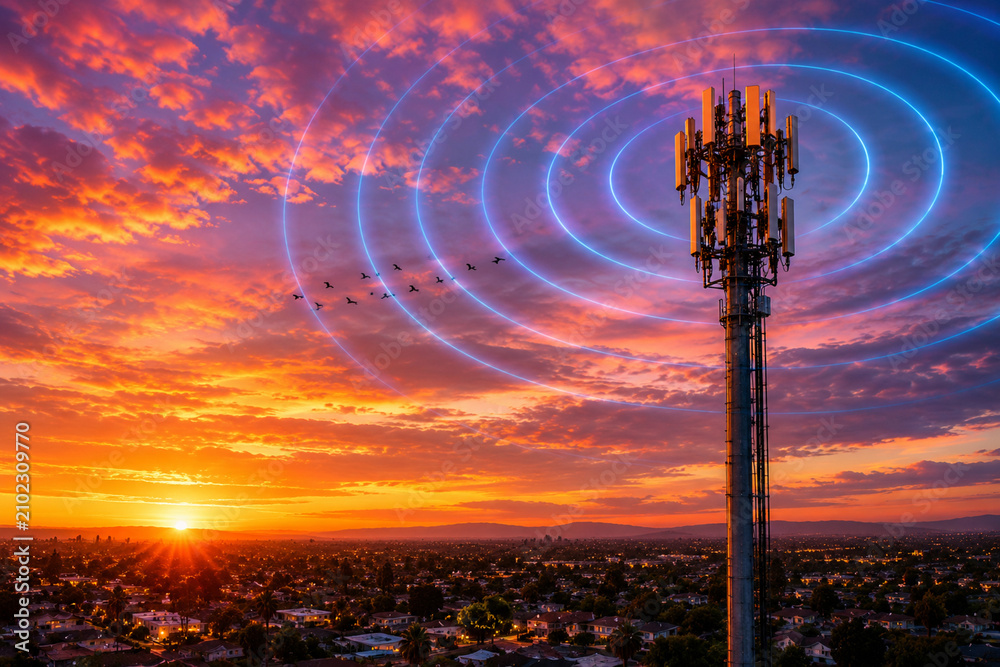 Fototapeta premium 5G Cellular Communication Tower at Sunset with Wireless Signal Waves
