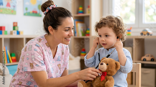 Child playing doctor with teddy bear and nurse