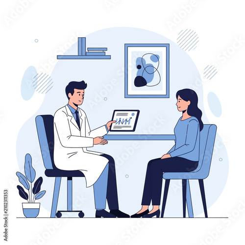 Doctor Discusses Patient Health Data On Tablet Device In Modern Clinic Setting