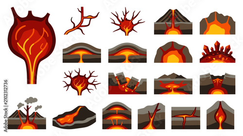 Flat Design Geology Vector Illustration Set: Volcanoes, Magma, Lava, and Earth Eruption Processes