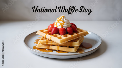 Stack of golden waffles topped with strawberries, whipped cream, and syrup on a white plate for National Waffle Day