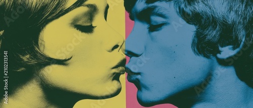 Couple kissing in vibrant colors with abstract background  