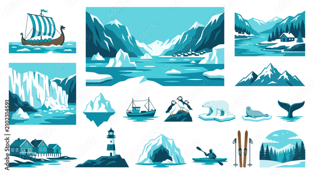 Fototapeta premium Flat Design Arctic Nordic Travel Vector Illustration Set: Landscapes, Wildlife, Adventure, and Cultural Icons