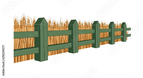 Canvas Print Green wooden fence in front of golden wheat field