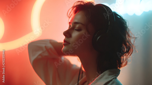 Woman Listening to Music with Headphones in Neon Light