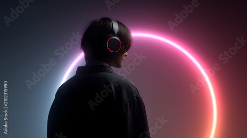 Person Wearing Headphones with Neon Ring Background