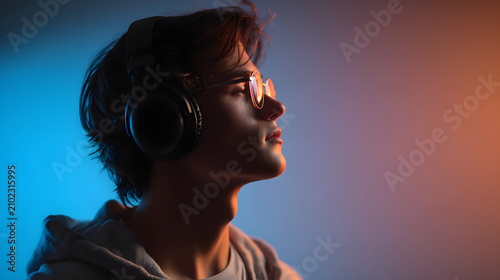 Young Man Wearing Headphones in Studio Light
