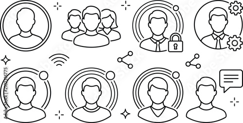 User avatar and profile vector line art icon set featuring account security management teamwork and communication elements