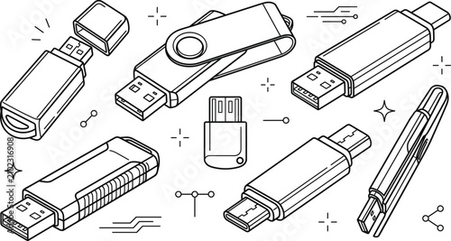 Slika na platnu USB flash drive isometric vector icon set with line art computer memory stick da