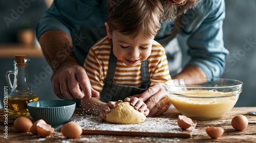 A child and parent cooking together, making dough in kitchen.