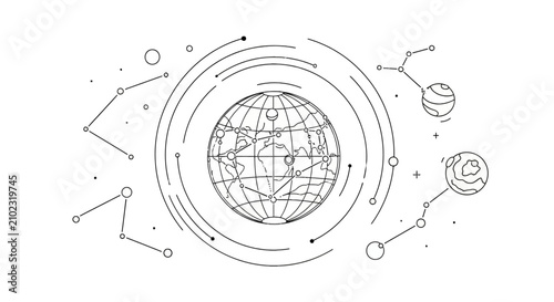 Global network connections and planetary orbits line art