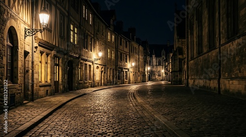Medieval cobblestone street lit by glowing lanterns at night