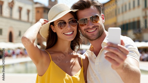 A joyful couple taking a selfie in a vibrant outdoor setting.